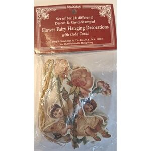 Vtg 1994 Shackman Flower Fairy Hanging Decorations Set of 6 Gold Stamped‎ 9320